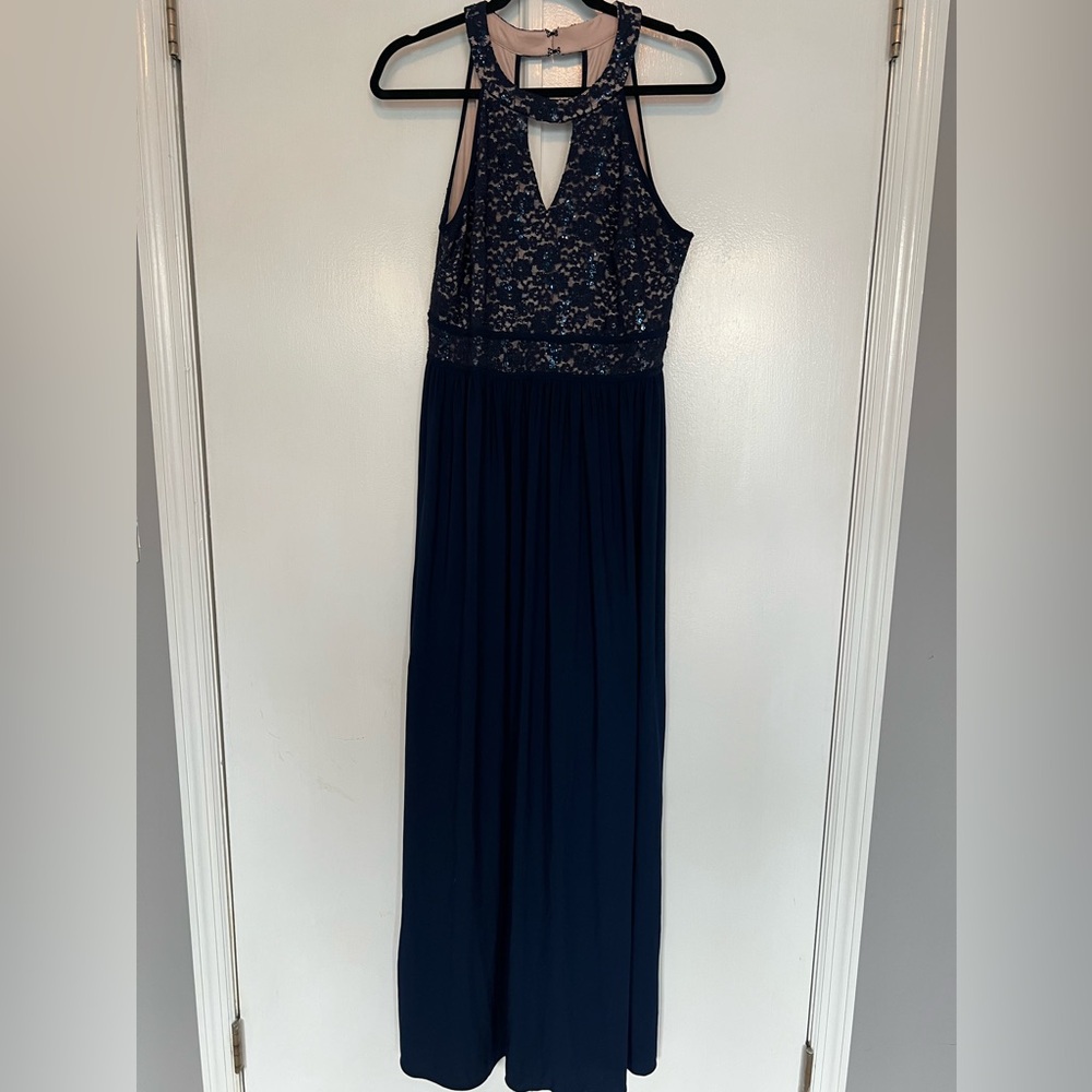 Nightway Navy Blue Halter Neck Gown Maxi Dress Size 14P Embellished Top w/ Lace